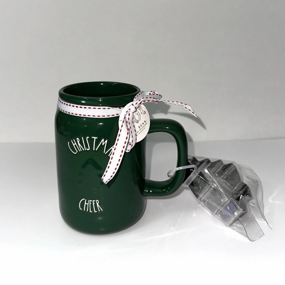 Rae Dunn NEW FONT Tall 'Christmas Cheer' Mug with Christmas Tree Cookie Cutter.